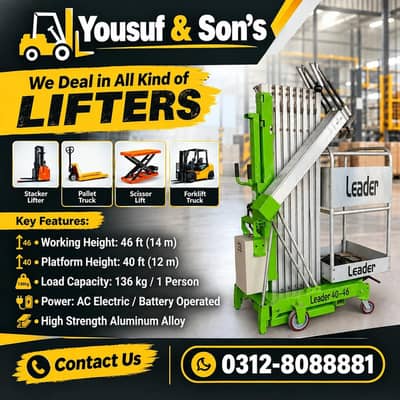 46 Feet Leader Vertical Mast Man Lift For Sale Delivery All Pakistan