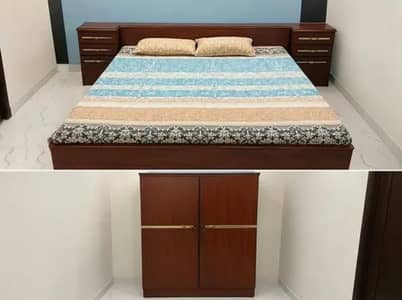 Wooden Bedroom set for sale - Bed + Side tables + Wardrobe