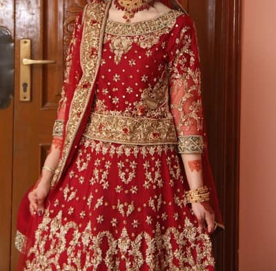 Royal Blood Red Handmade Bridal Lehenga with jewellry set
