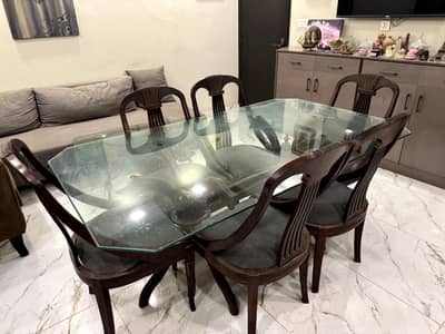 Wooden 8-Seater Dining Table Set with Glass Top