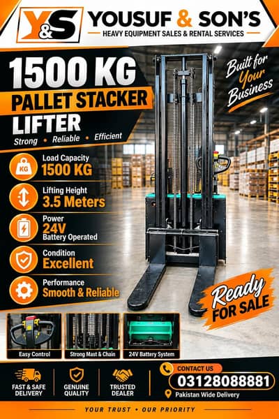 1500 KG Electric Stacker Lifter | 3.5M Lift | 24V Battery