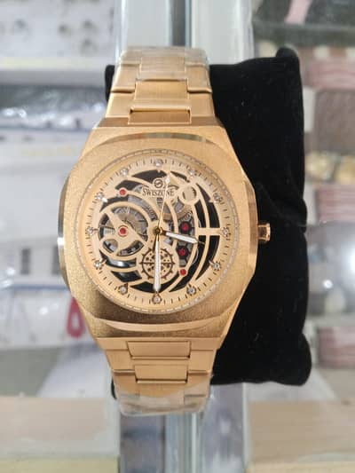 SWISZONE Skeleton Full Gold Watch - Brand New Unused - Square Dial Aur