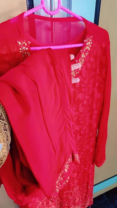 Used Beautiful Red Net Frock  Shalwar Kameez