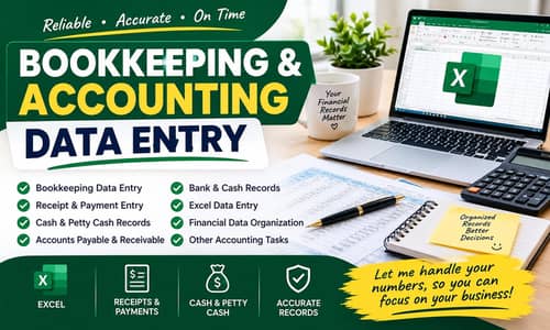 Book keeping, Data Entry, Handling Petty Cash, accounts payable, etc