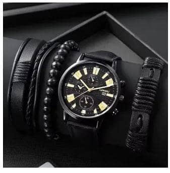 4pcs Black Round Quartz Watch With PU Leather Bracelet Men Nylon Business Watch Fashion Casual For Daily Sports  R3904