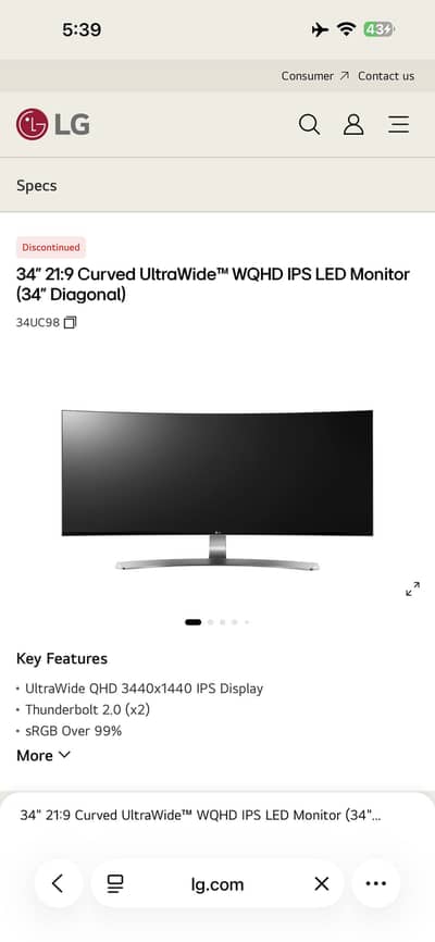 34" 21:9 Curved UltraWide™ WQHD IPS LED Monitor (34" Diagonal)