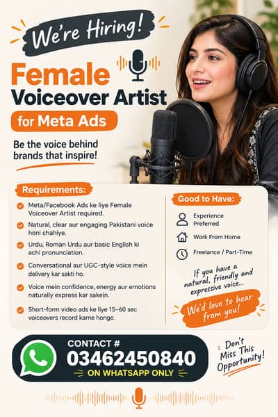 Female Voiceover Artist – Meta Ads | Home Based | Whatsapp 03462450840