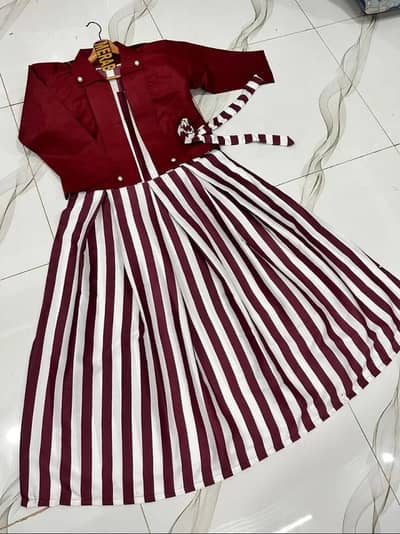 Maroon Striped Silk Maxi Dress With Jacket Set