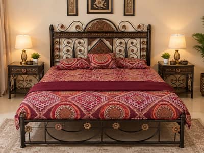 Royal Iron Double Bed Set with 2 side tables and 2 Sofa Chairs