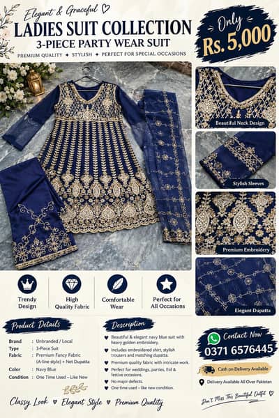 Beautiful Navy Blue & Golden Embroidered Party Wear Dress – Like New