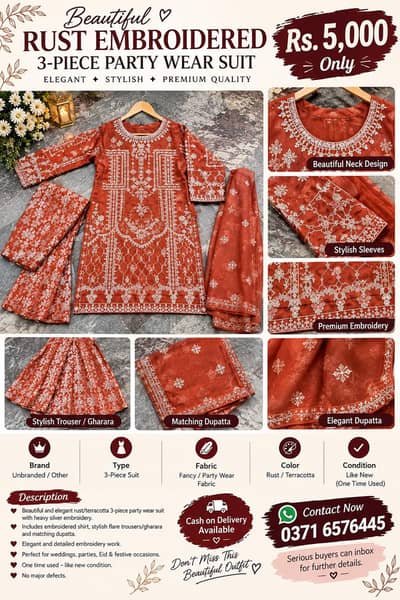 Beautiful Rust Embroidered 3-Piece Party Wear Suit – Like New