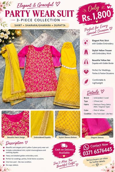 Beautiful Embroidered 3-Piece Party Wear Suit – Pink & Orange
