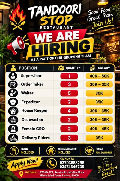 hiring Staff's For tandoori stop at our Iqbal Town branch