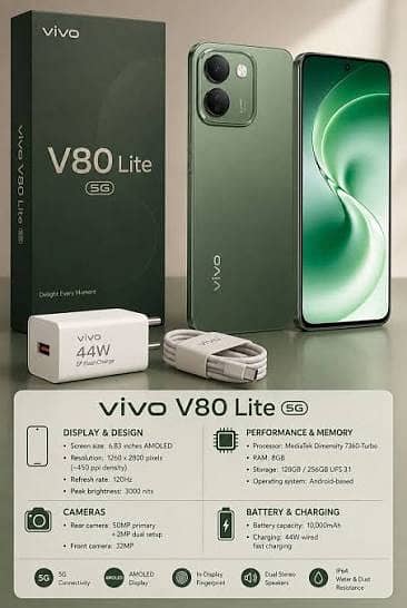 Vivo V80 Lite 5G (8/128GB ) Available On Easy Installment Plan