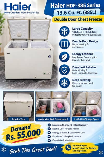Haier HDF-385 series 13.6 Cu. ft. (385L) double door chest deep freeze