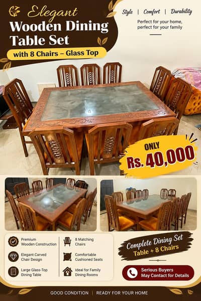 Elegant Wooden Dining Table Set with 8 Chairs – Glass Top