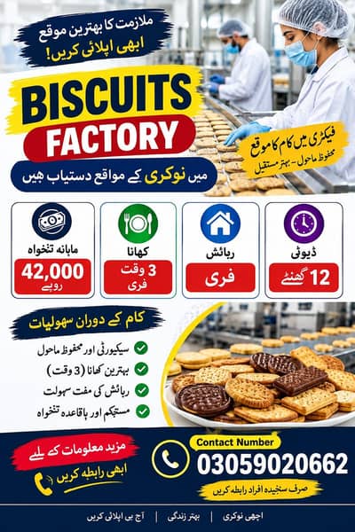 Biscuit Factory Jobs For Male and Female  salery 42k free food Residen