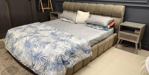 KING SIZE BED (WO MATTRESS) x2 SIDE TABLES
