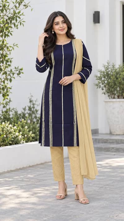 3 Pcs Women's Stitched Linen Gota Work Suit