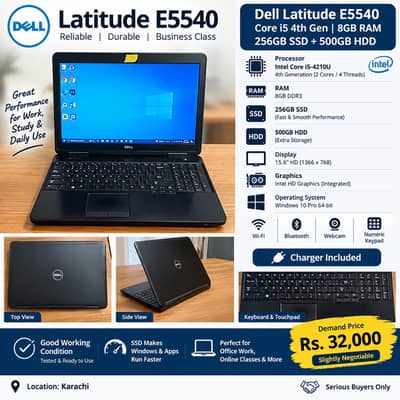 Dell Latitude E5540 Core i5 4th Gen | 8GB RAM | 256GB SSD + 500GB HDD