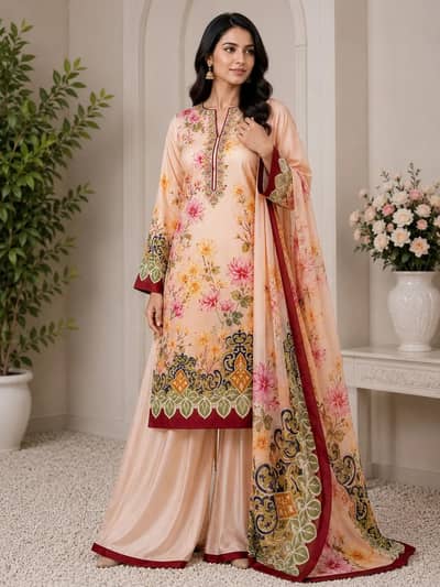 3 peices silky suit for women's multi shaded digital print