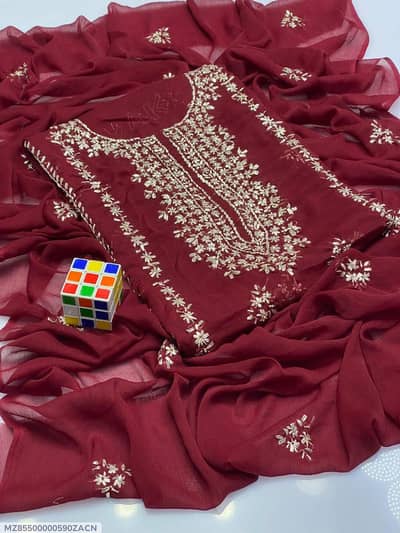 maroon hand embroidered chifon women's premium suit