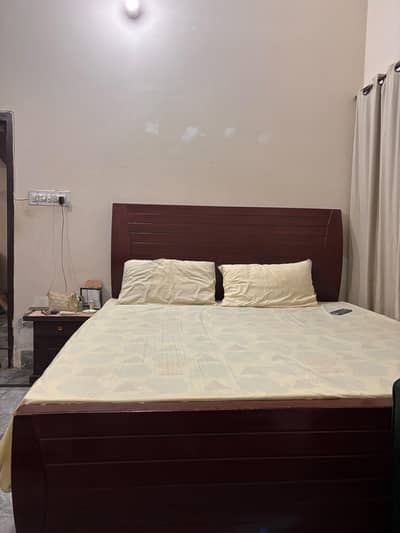 wooden king size bed with side table and mattress for sale