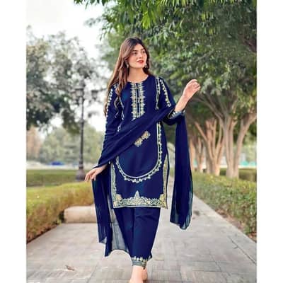 blue embroidered 3 PCs suit