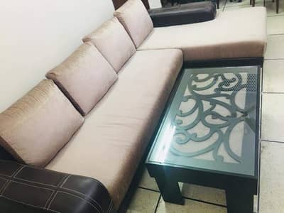 L-shaped sofa and 3pc embroided curtains