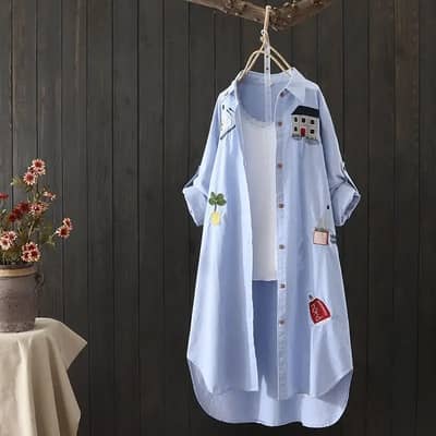 Light Blue Embroidered Long Shirt Jacket Set | Korean Style