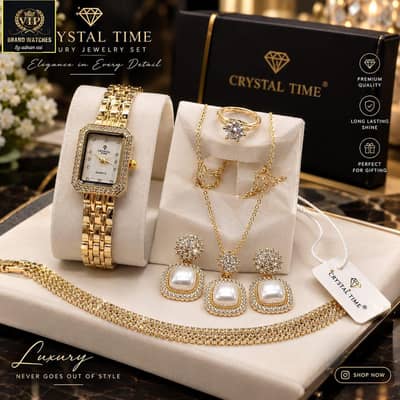 Crystal Time 5 in 1 Golden Watch Jewelry Set