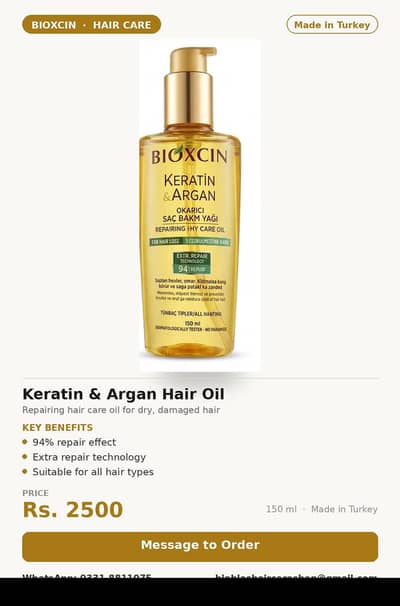 Bioxcin Keratin & Argan Hair Oil 150ml - Repairing Care Oil