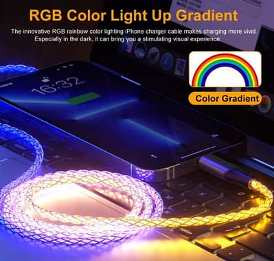 PD 66W Fast RGB Glowing USB Type C to C Iphone 17/16 Pro Max S24 S25