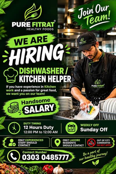 Dishwasher & Kitchen Helper Required | Jobs in Lahore