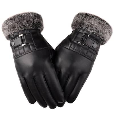 men,s black leahter winter gloves with touch screen and buckle