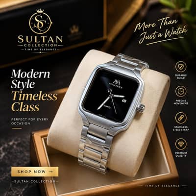 Luxury Men’s Square Black Dial Stainless Steel Watch – Brand New