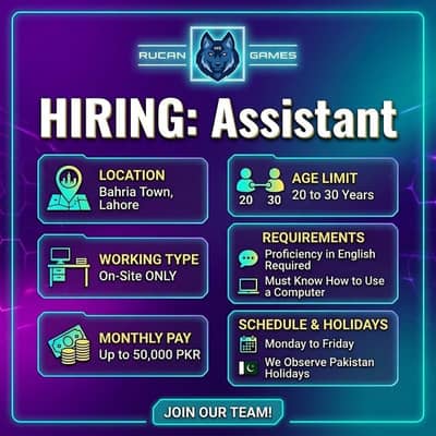 Hiring assistant | Bahria Town, Lahore | On-Site only | Read details!