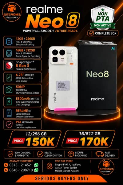 Realme Neo 8 12/256 & 16/512 GB | non PTA non active | complete box