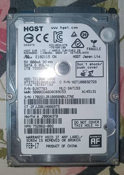 Selling HGST 1TB 7200RPM 2.5" Internal HDD
