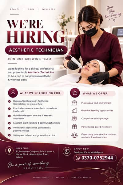 Female Aesthetic Technician Required – Premium Aesthetic Clinic Lahore