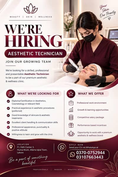 Female Aesthetic Technician Required – Premium Aesthetic Clinic Lahore