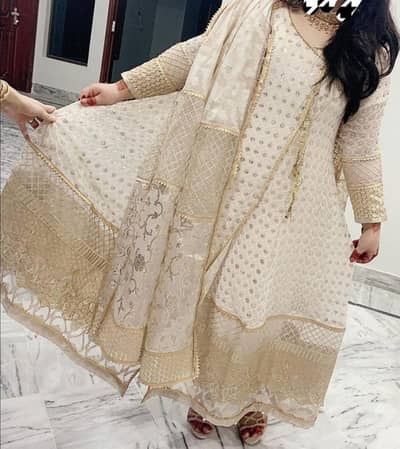 long maxi frock in off white and dull gold branded FPL