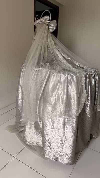 Elegant Silver Baby Bassinet Cot with Mosquito Net Canopy & Bedding