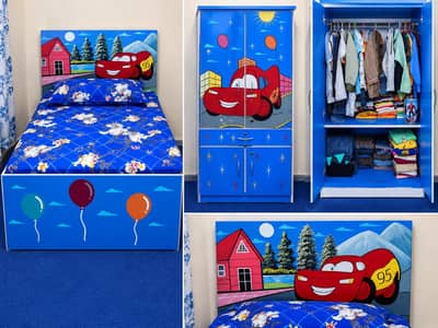 Kids Single Bed with Cars Headboard + Matching Wardrobe | Blue Set