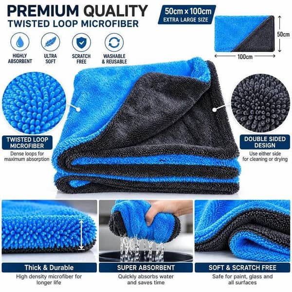 Twisted Loop Edgeless Microfiber Towel 50×100cm Double Sided Premium Car Drying & Cleaning Towel