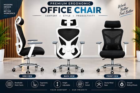 Office Chair White and Black| Mesh Back |Headrest | Adjustable Arm