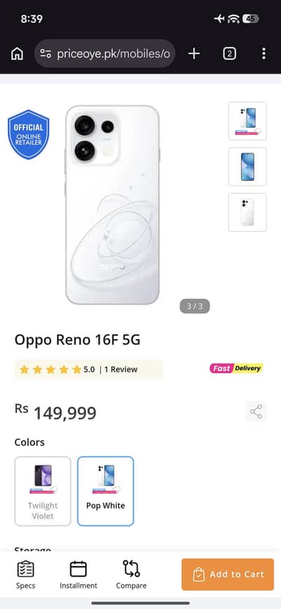 OPPO Reno 16f (Pin Packed)