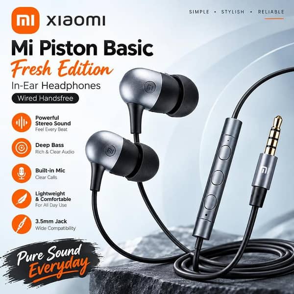 Xiaomi Mi Piston Basic Fresh Edition Original Wired Earphones | In-Ear Headphones | Handsfree Headset | Earbuds with Microphone | 3.5mm Audio Jack | Stereo Sound | Bass | Mobile & Gaming