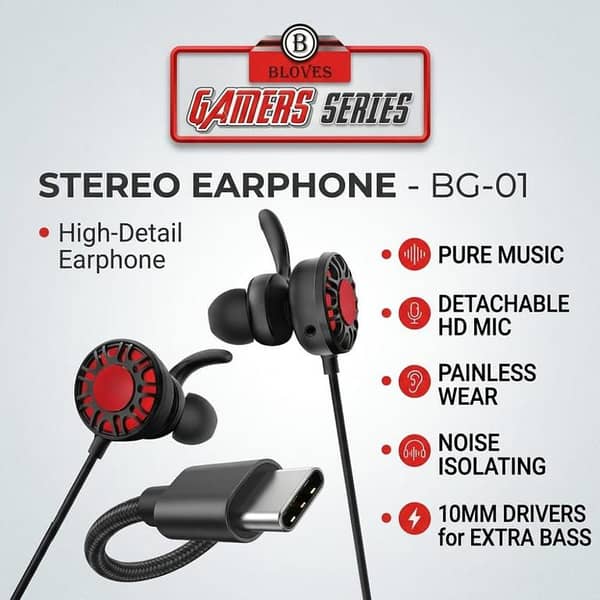 Bloves BG-01 Type-C Gaming Earphones with Detachable HD Mic | 10mm Bass Driver | Stereo Sound | Ergonomic In-Ear Gaming Headset