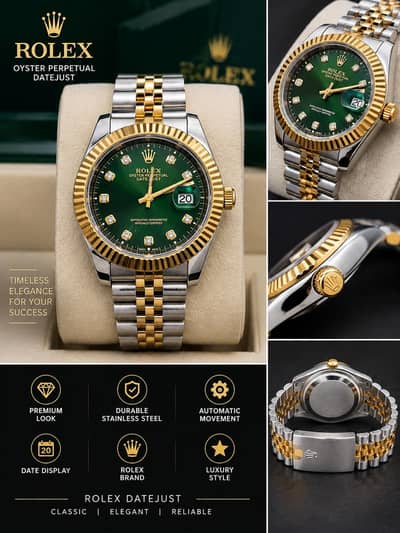Rolex style datejust green diamond disl two tone